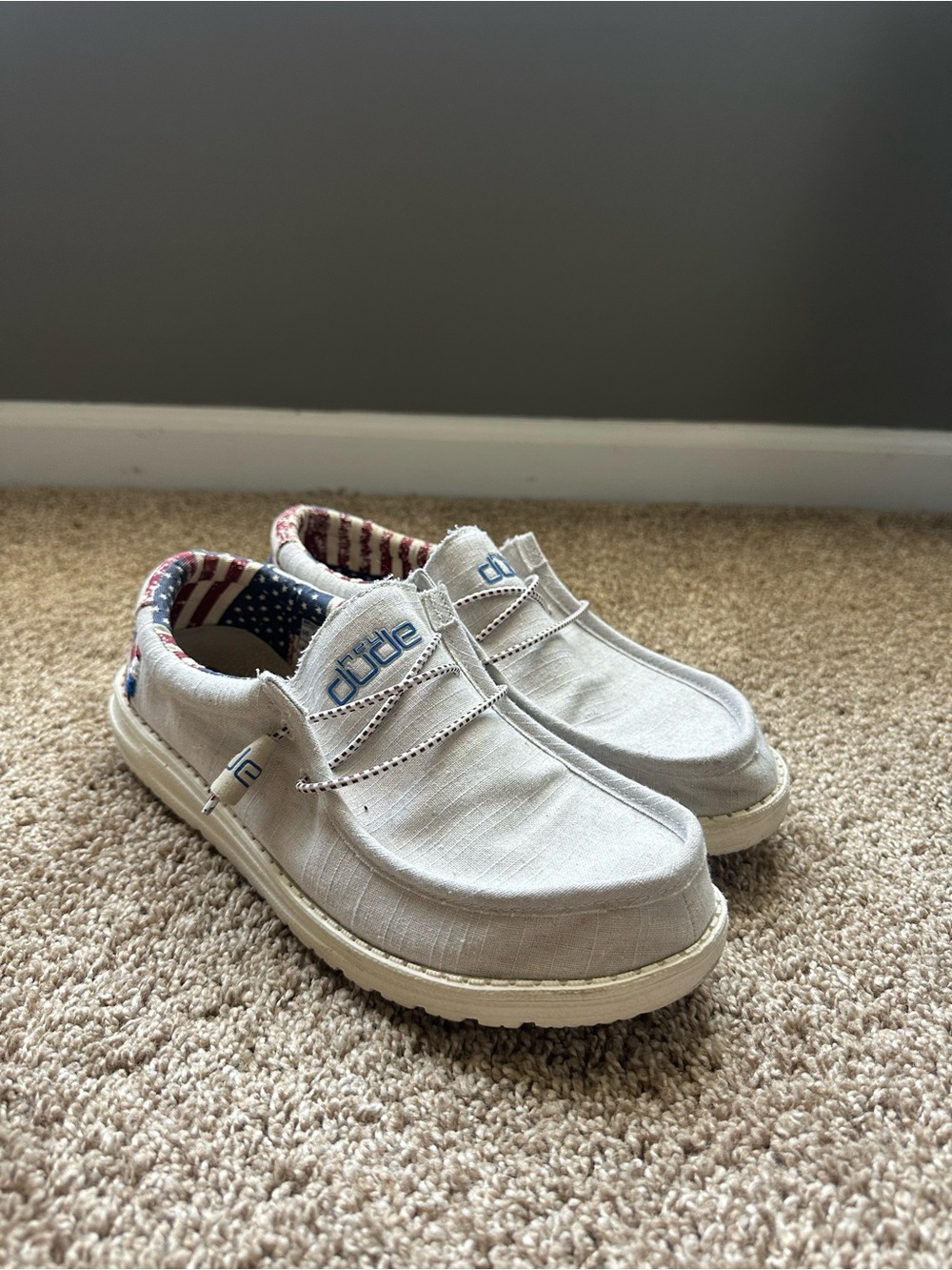 Hey Dude mens Slip-On shoes in Light Gray with American Flag Lining and back